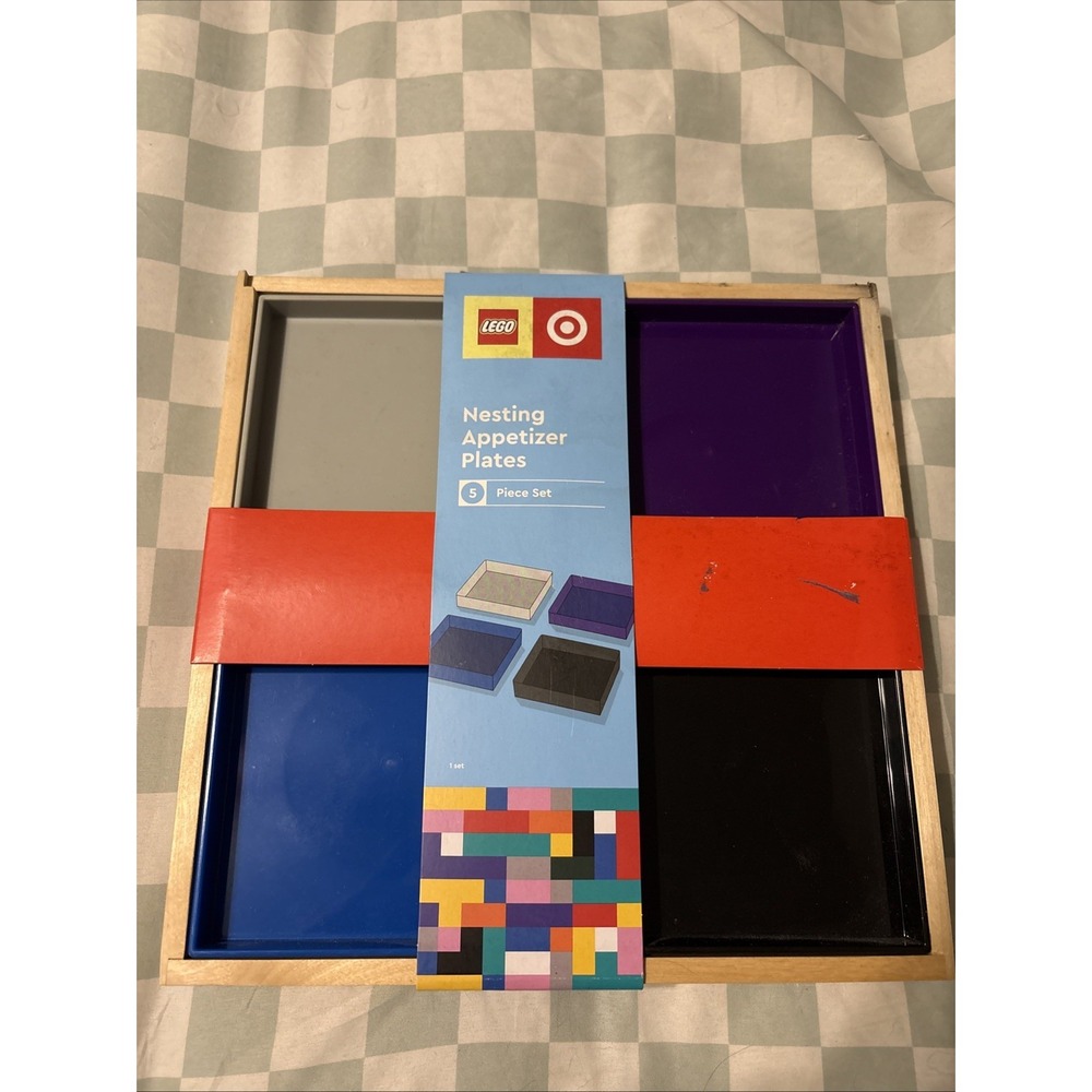 Lego Target Nesting Appetizer Plates 5 Piece Grey Purple Blue Black Wood New DMG